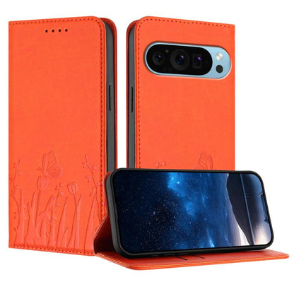 Orange magnetic vegan leather phone case with tulip and butterfly pattern folio cover