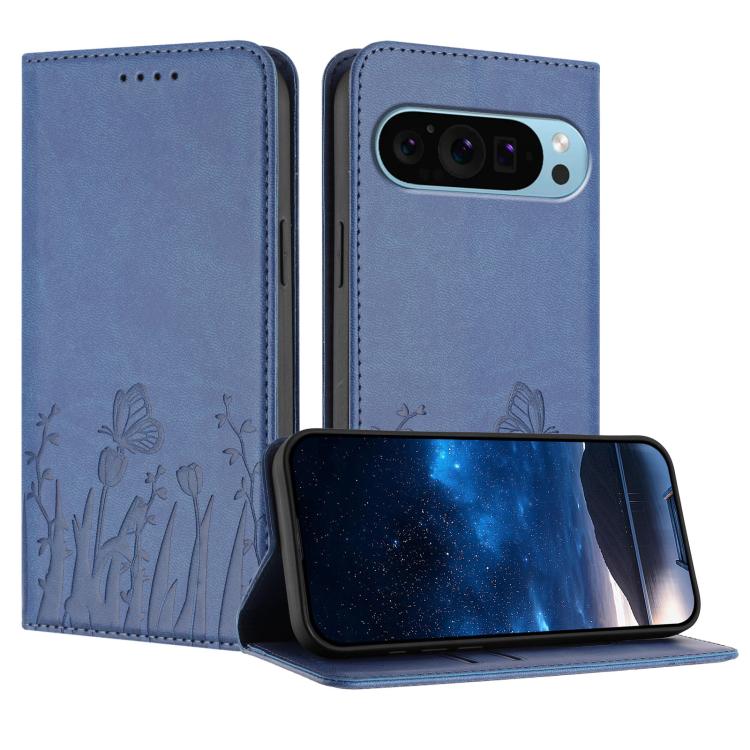 Magnetic vegan leather phone case, blue with tulip and butterfly emboss pattern, flip cover