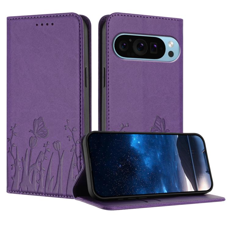 Purple magnetic flip phone wallet case with tulip and butterfly pattern and camera cutout