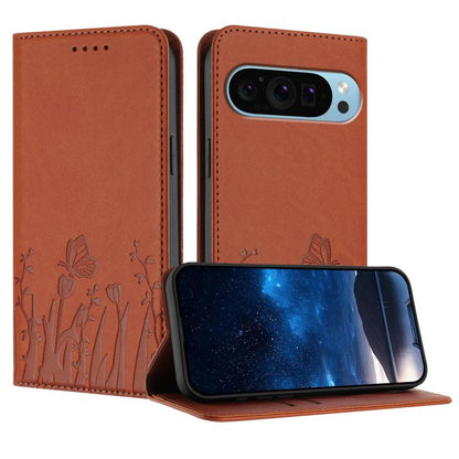 Orange magnetic flip phone wallet case with tulip and butterfly pattern and camera cutout