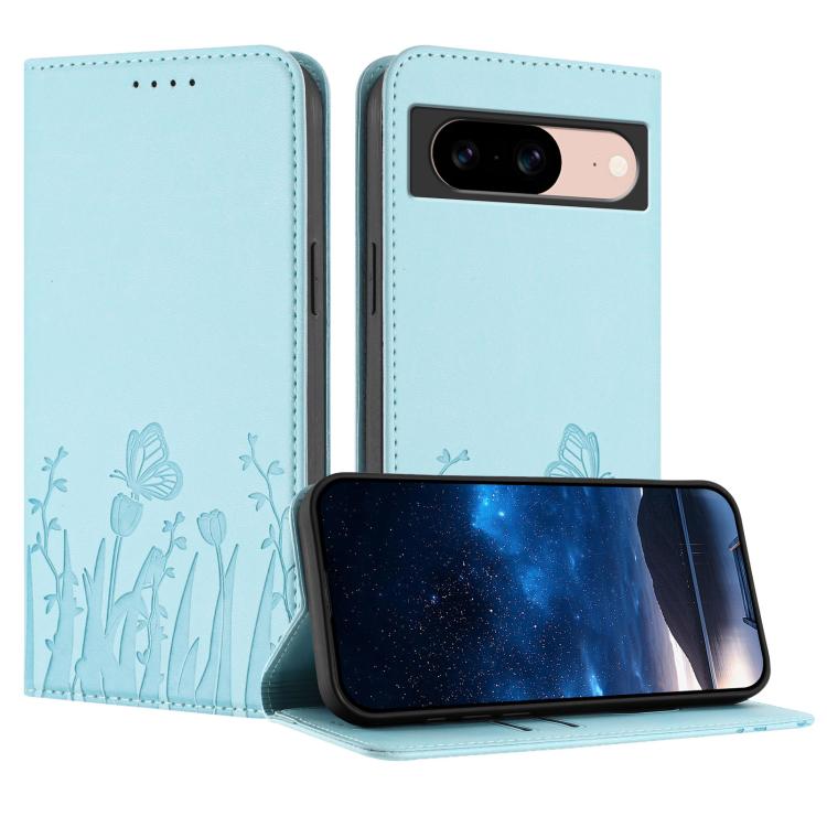Light blue magnetic vegan leather phone case with tulip and butterfly pattern folio cover