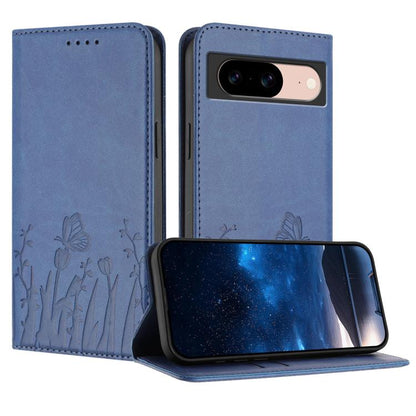 Blue magnetic vegan leather phone case with tulip and butterfly pattern folio cover