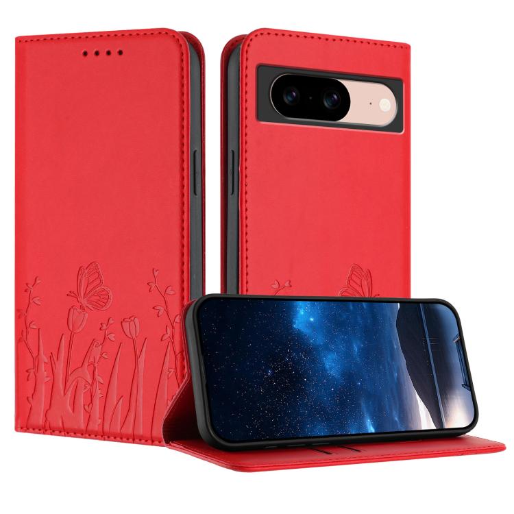 Red magnetic vegan leather phone case with tulip and butterfly pattern folio cover