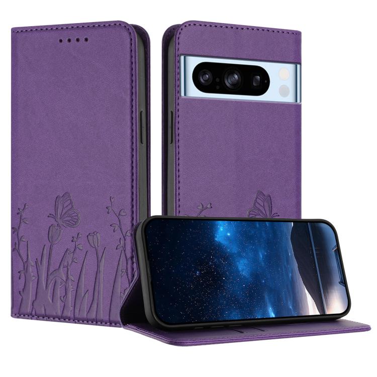 Purple magnetic vegan leather phone case with butterfly and tulip emboss, flip cover.