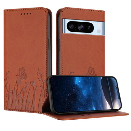 Orange magnetic vegan leather phone case with butterfly and tulip emboss, flip cover.