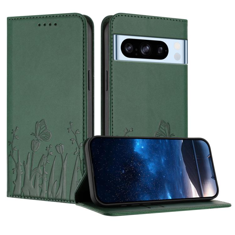 Green magnetic vegan leather phone case with butterfly and tulip emboss, flip cover.