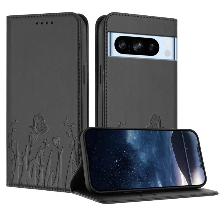 Dark gray magnetic vegan leather phone case with butterfly and tulip emboss, flip cover.