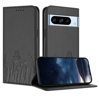 Dark gray magnetic vegan leather phone case with butterfly and tulip emboss, flip cover.