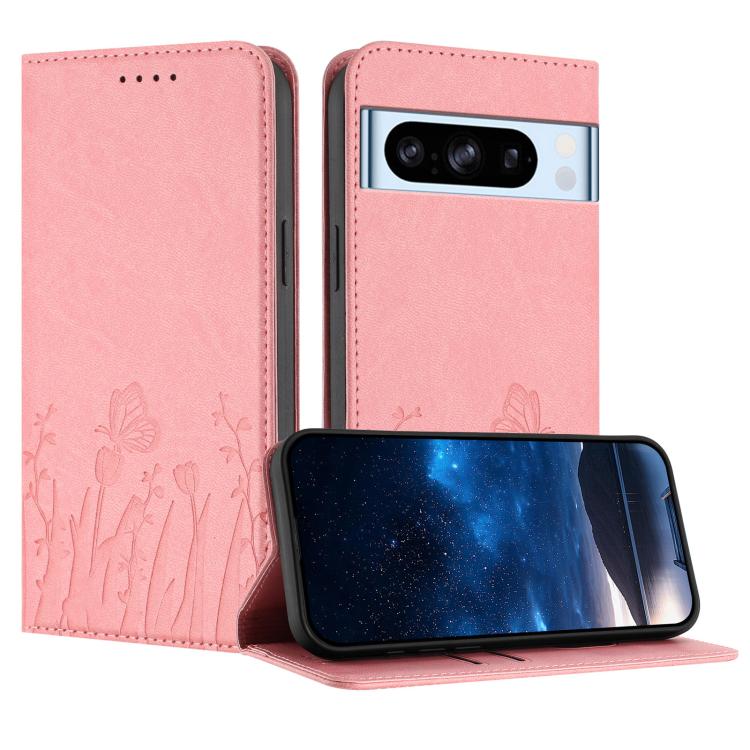 Pink magnetic vegan leather phone case with butterfly and tulip emboss, flip cover.