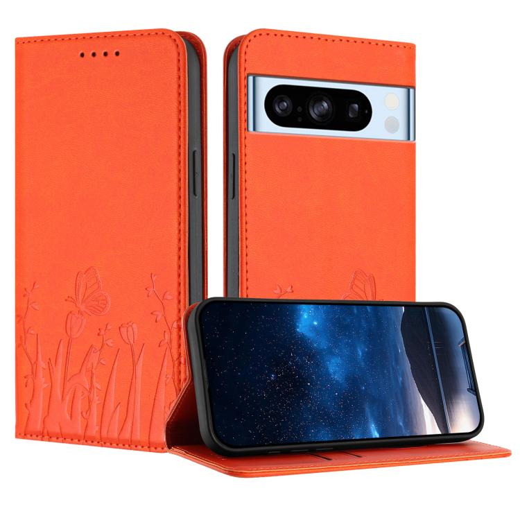 Orange magnetic vegan leather phone case with butterfly and tulip emboss, flip cover.