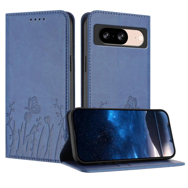Blue magnetic vegan leather phone case with butterfly and tulip emboss, flip cover.