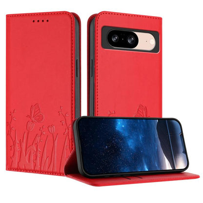 Red magnetic vegan leather phone case with butterfly and tulip emboss, flip cover.