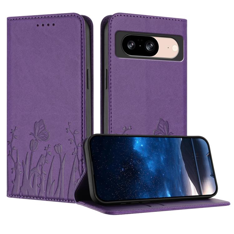 Magnetic vegan leather phone case, purple with tulip and butterfly pattern, flip cover