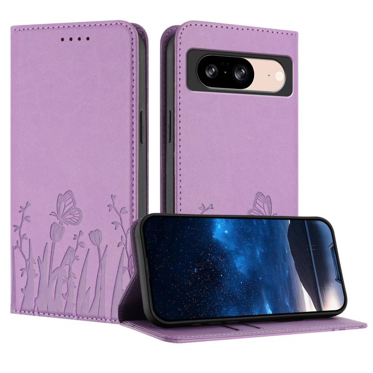 Magnetic vegan leather phone case, light purple with tulip and butterfly pattern, flip cover