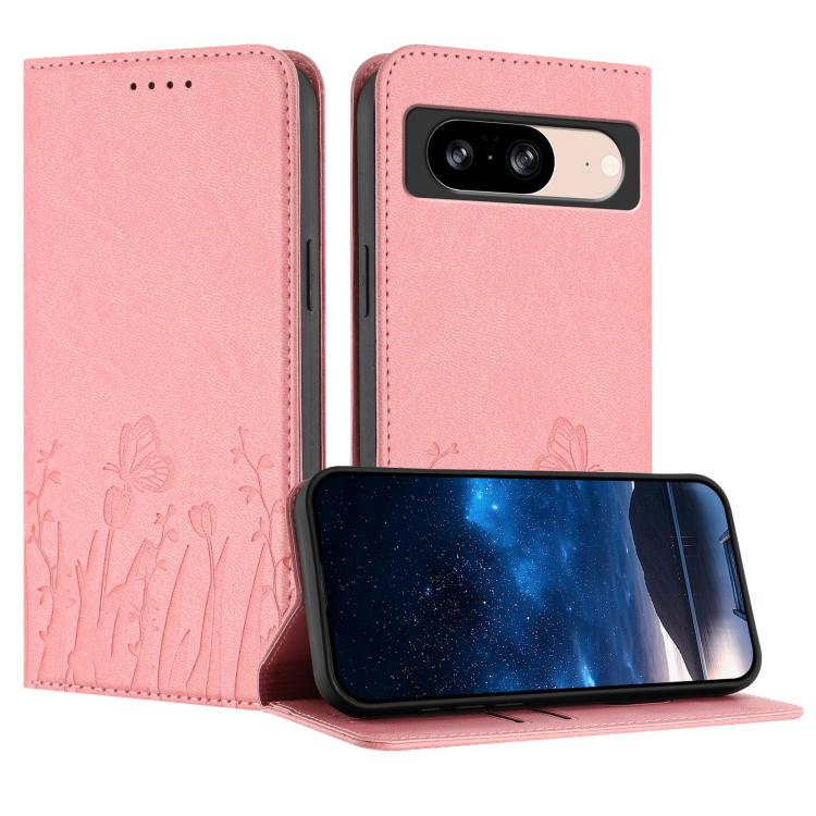 Magnetic vegan leather phone case, pink with tulip and butterfly pattern, flip cover