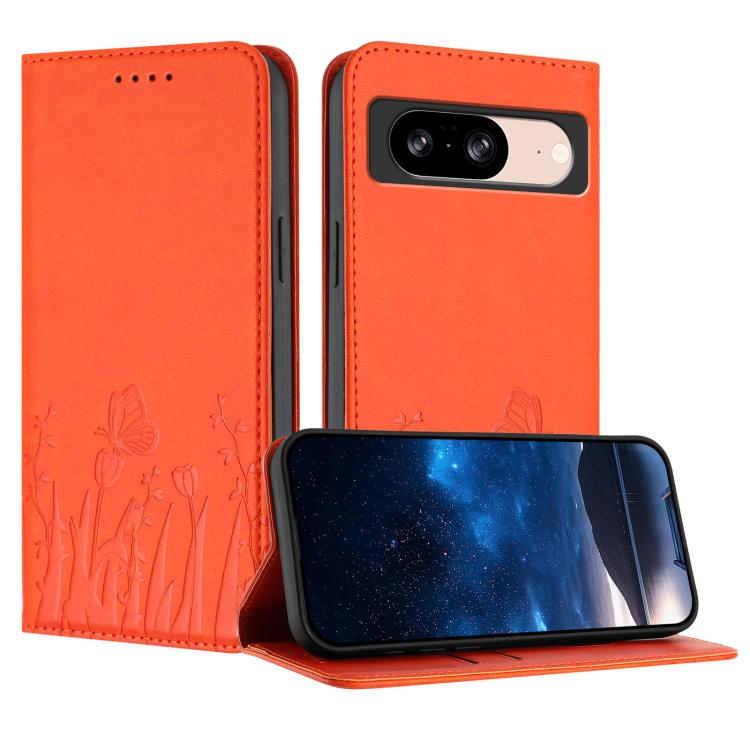 Magnetic vegan leather phone case, orange with tulip and butterfly pattern, flip cover