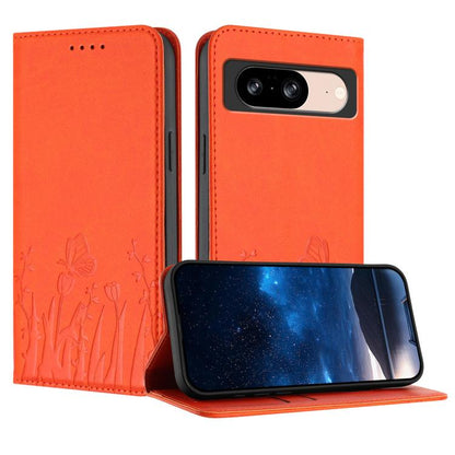 Magnetic vegan leather phone case, orange with tulip and butterfly pattern, flip cover