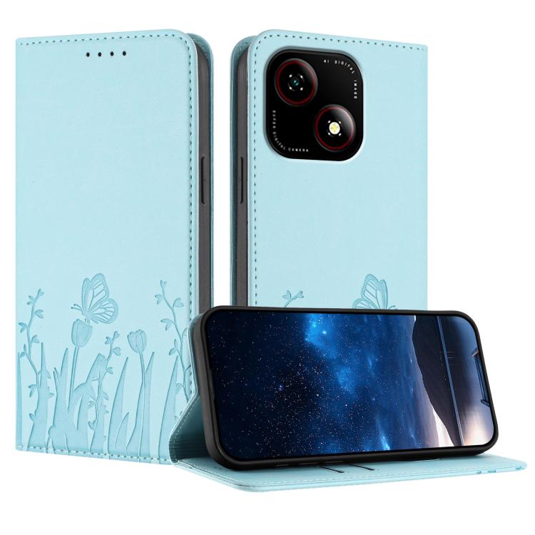Light blue tulip and butterfly magnetic wallet-style phone case with front flap
