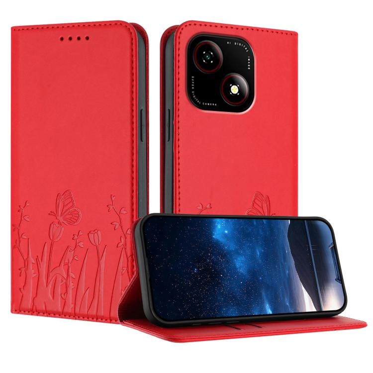 Red tulip and butterfly magnetic wallet-style phone case with front flap