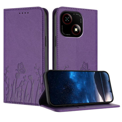 Purple magnetic vegan leather phone case with tulip and butterfly print, flip cover