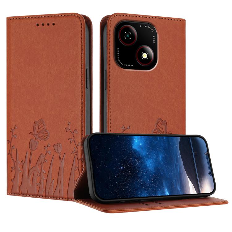 Orange-brown magnetic vegan leather phone case with tulip and butterfly print, flip cover