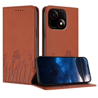 Orange-brown magnetic vegan leather phone case with tulip and butterfly print, flip cover