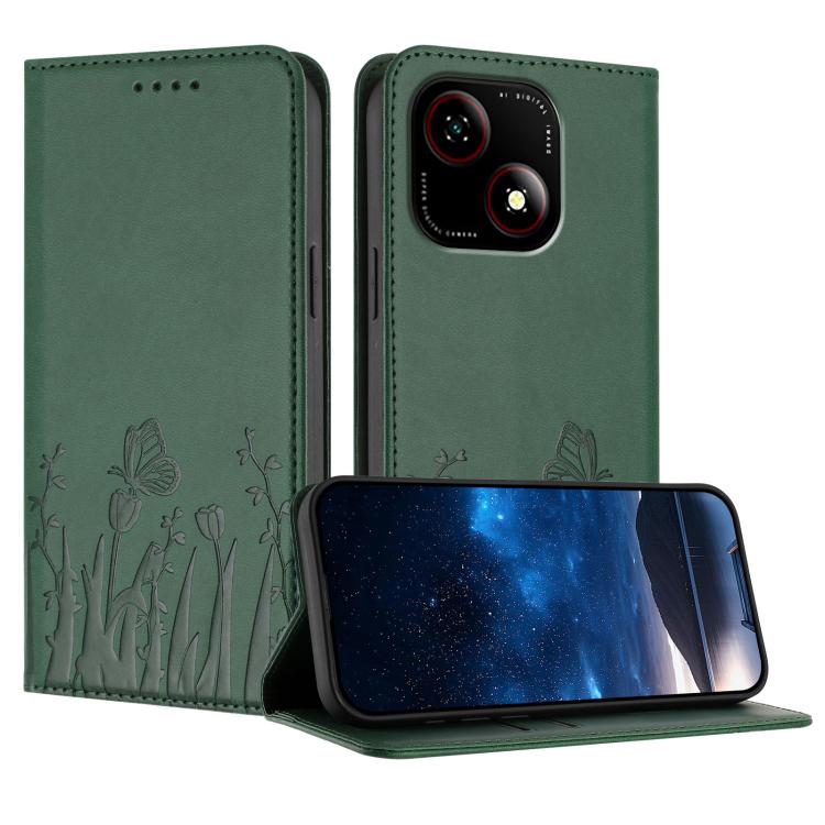 Dark green magnetic vegan leather phone case with tulip and butterfly print, flip cover