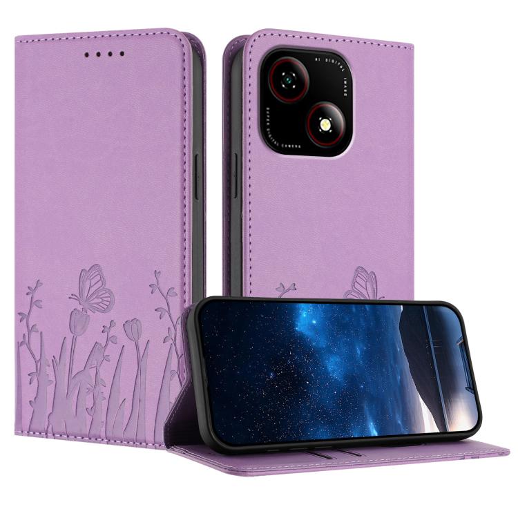 Light purple magnetic vegan leather phone case with tulip and butterfly print, flip cover