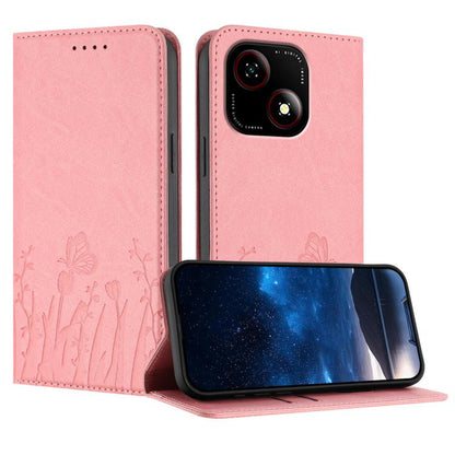 Pink magnetic vegan leather phone case with tulip and butterfly print, flip cover