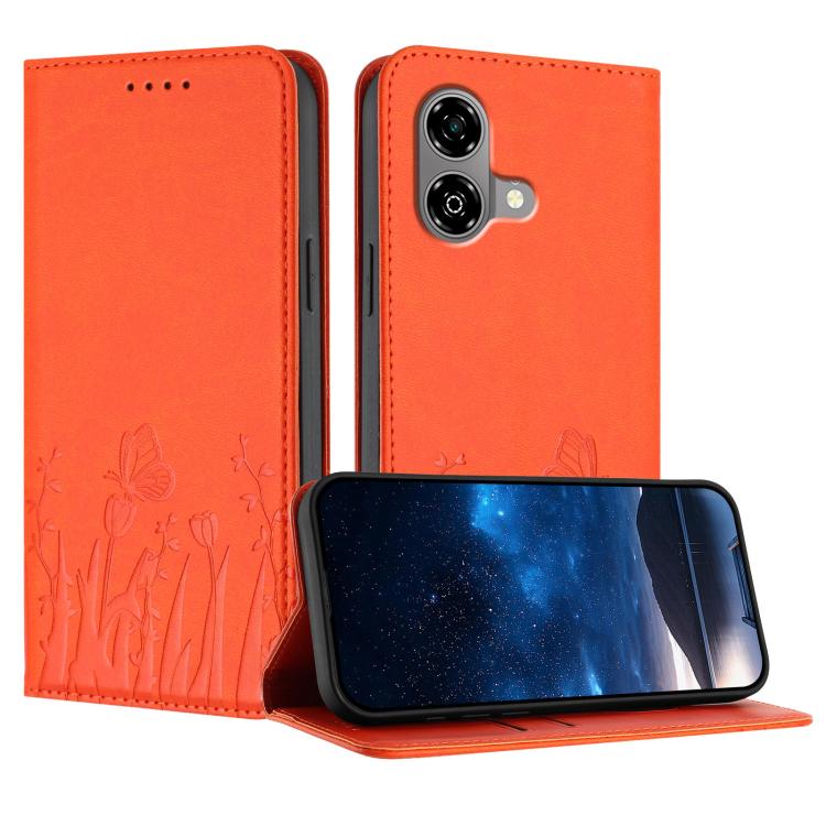Orange magnetic vegan leather phone case with tulip and butterfly pattern, folio flip cover