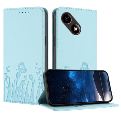 Light blue magnetic vegan leather phone case with tulip and butterfly pattern, folio flip cover