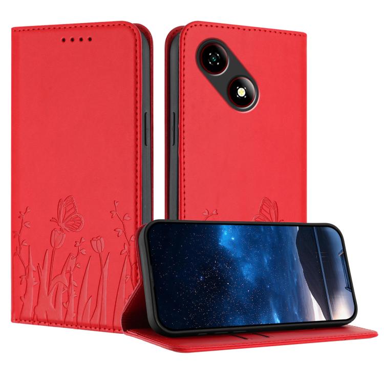Red magnetic vegan leather phone case with tulip and butterfly pattern, folio flip cover