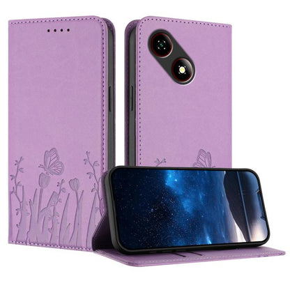 Light purple magnetic vegan leather phone case with tulip and butterfly pattern, flip cover.