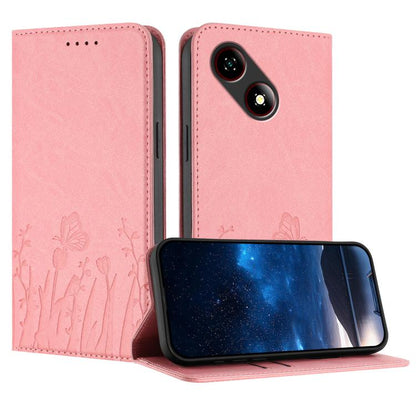 Pink magnetic vegan leather phone case with tulip and butterfly pattern, flip cover.