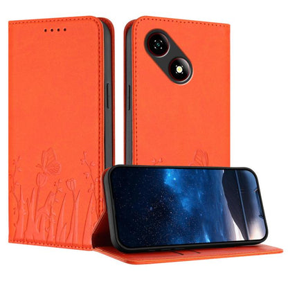 Orange magnetic vegan leather phone case with tulip and butterfly pattern, flip cover.