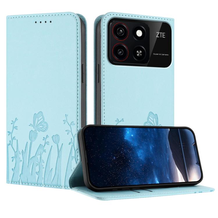 Light blue magnetic vegan leather phone case with tulip and butterfly pattern, flip cover.