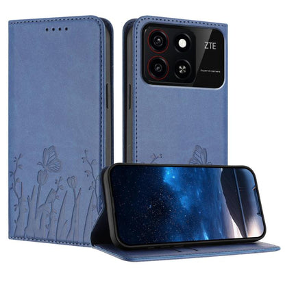Blue magnetic vegan leather phone case with tulip and butterfly pattern, flip cover.