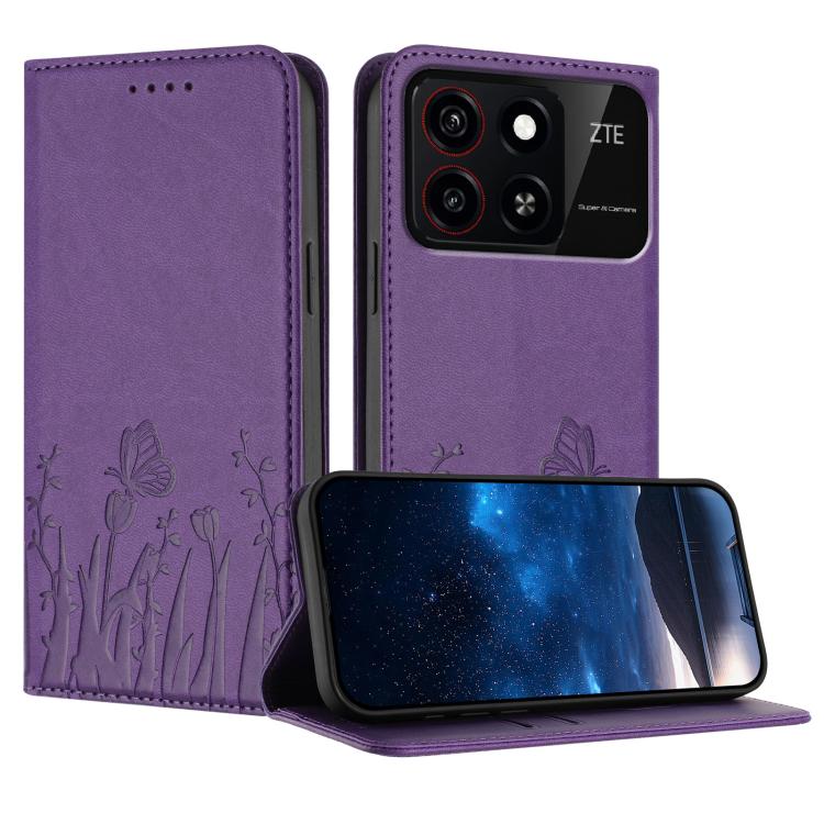 Magnetic vegan leather phone case with purple butterfly tulip pattern, folio style.