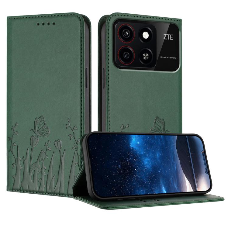 Magnetic vegan leather phone case with dark green butterfly tulip pattern, folio style.