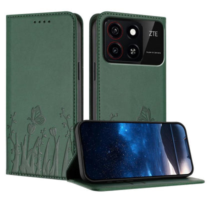 Magnetic vegan leather phone case with dark green butterfly tulip pattern, folio style.