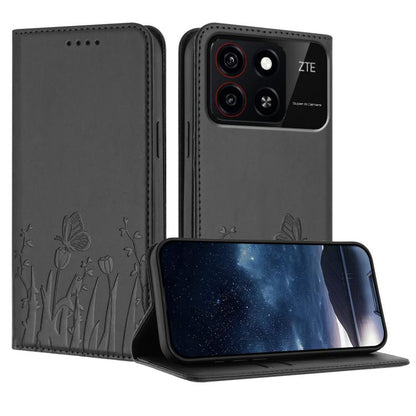 Magnetic vegan leather phone case with dark gray butterfly tulip pattern, folio style.
