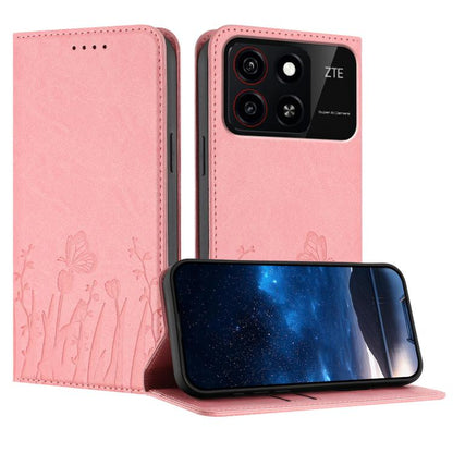 Magnetic vegan leather phone case with pink butterfly tulip pattern, folio style.