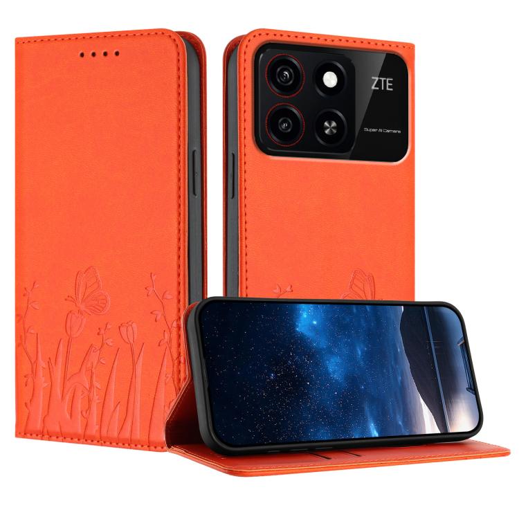 Magnetic vegan leather phone case with orange butterfly tulip pattern, folio style.