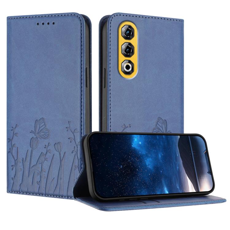 Magnetic vegan leather phone case with navy blue butterfly tulip pattern, folio style.