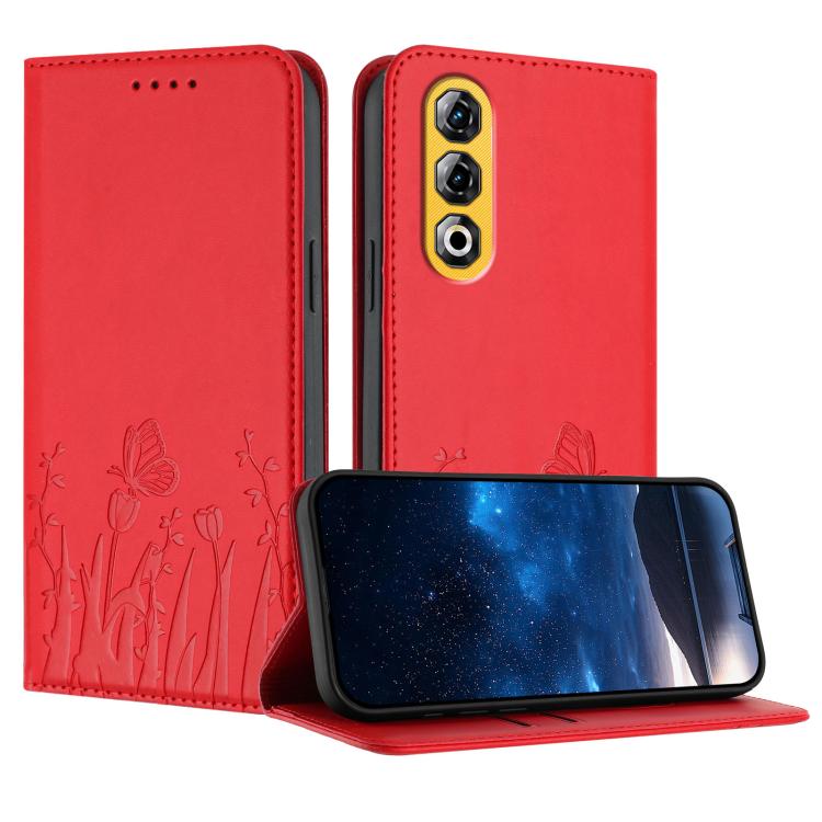 Magnetic vegan leather phone case with red butterfly tulip pattern, folio style.