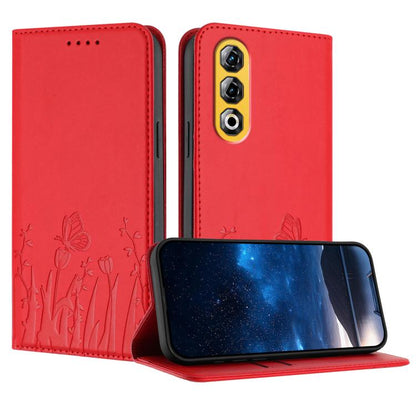 Magnetic vegan leather phone case with red butterfly tulip pattern, folio style.