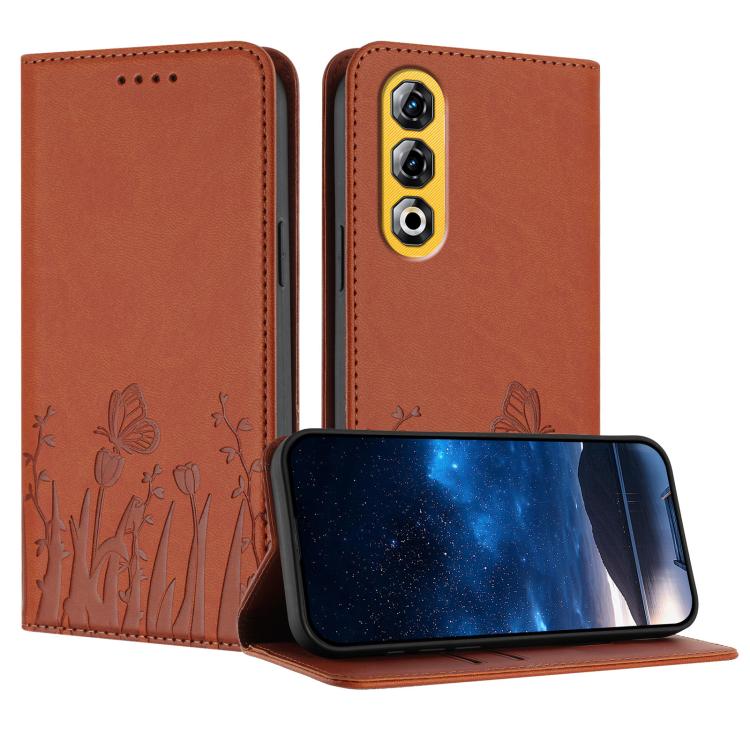 Brown folio phone case in vegan leather with butterfly and tulip pattern, magnetic closure.