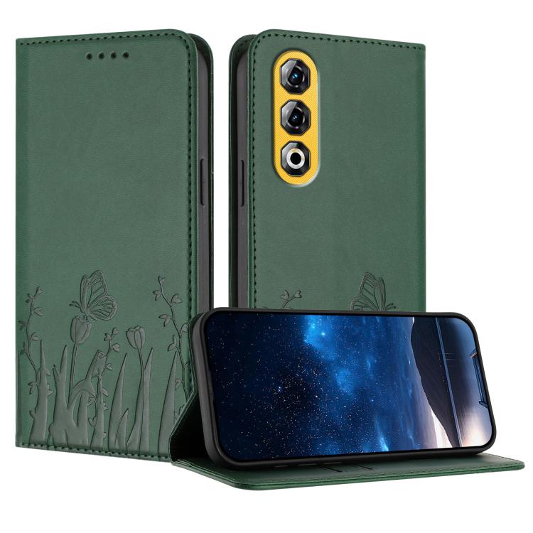 Green folio phone case in vegan leather with butterfly and tulip pattern, magnetic closure.