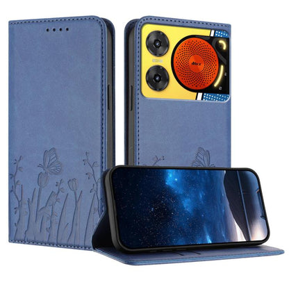 Navy blue folio phone case in vegan leather with butterfly and tulip pattern, magnetic closure.