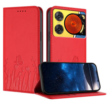 Red folio phone case in vegan leather with butterfly and tulip pattern, magnetic closure.